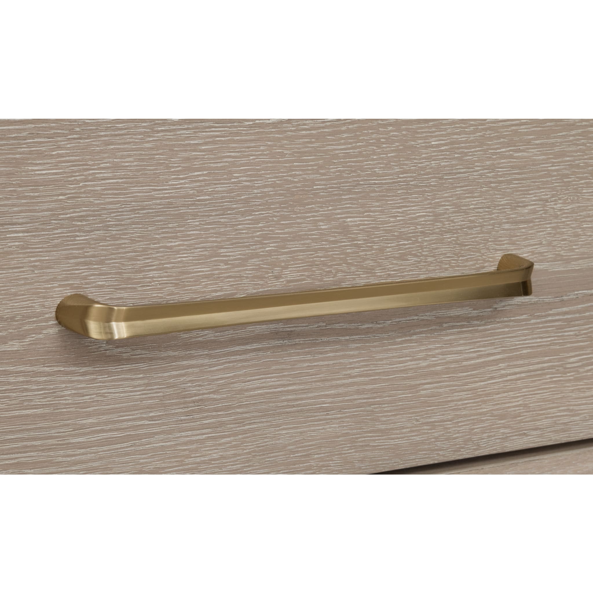Front view of the Bjorn 2-drawer nightstand in a neutral chai oak finish featuring a minimalist box frame and elegant brass handles