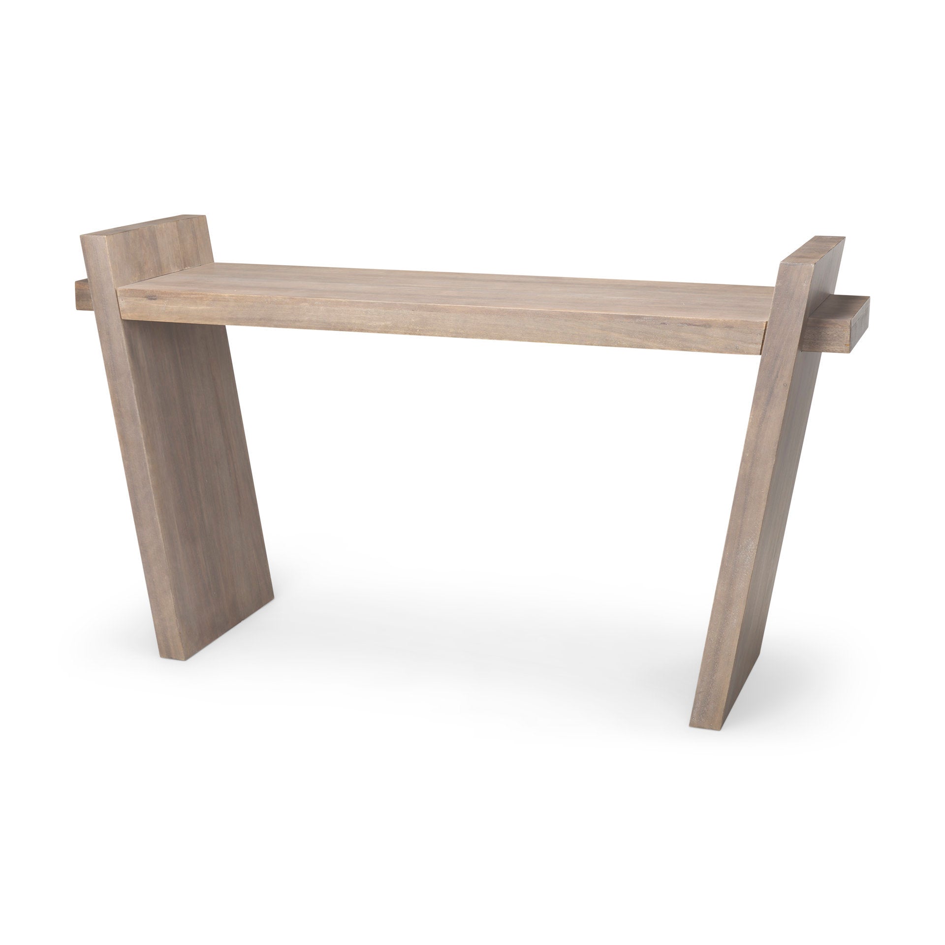 High-angle perspective view showcasing the smooth wood tabletop and the structural overhanging leg design