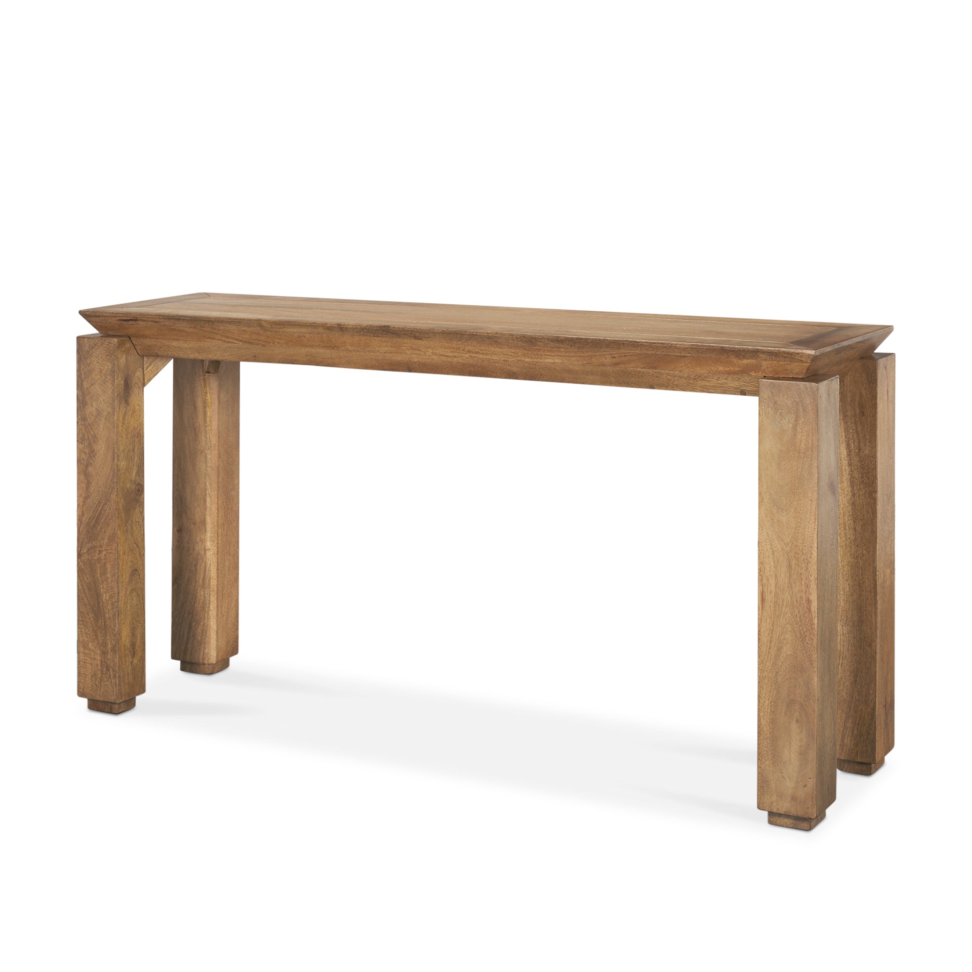 Front view of the Sapphira console table in a rich brown wood finish featuring a thick rectangular top and architectural block legs