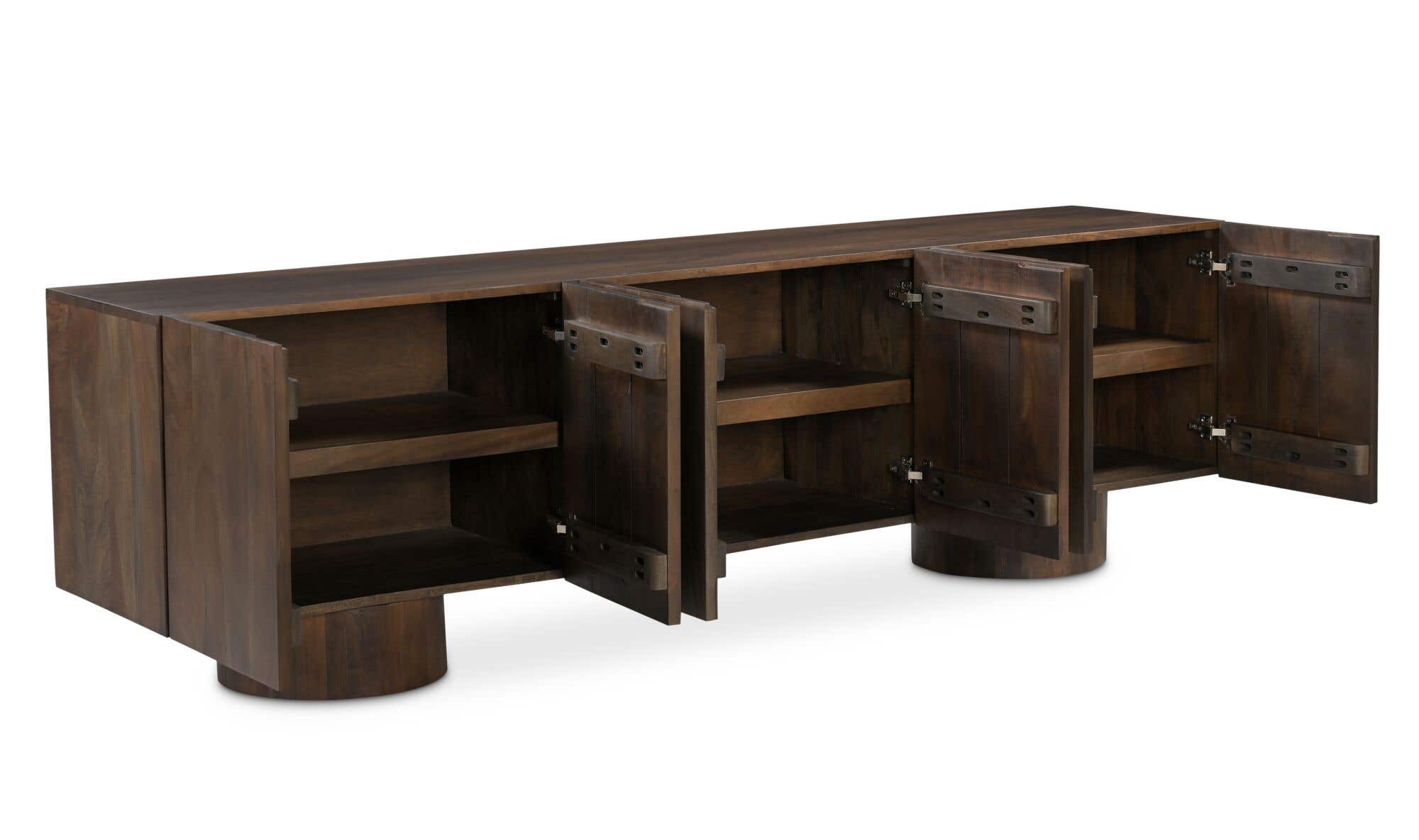 Perspective view of the open media cabinet highlighting the high-quality wood grain and generous interior organization space