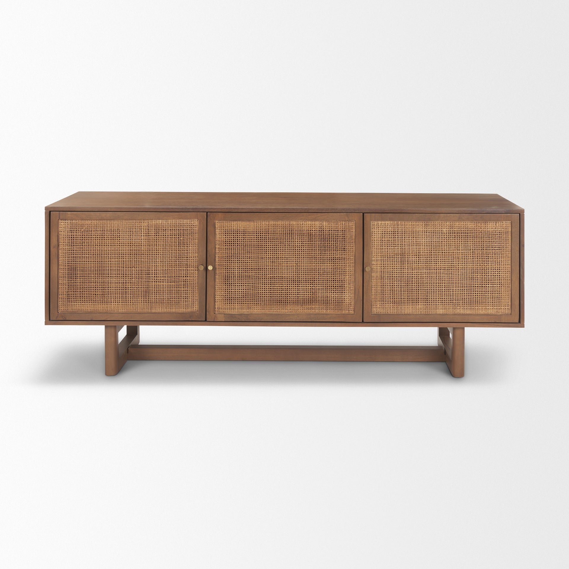 Straight-on front view of the medium brown media console highlighting the symmetrical design and warm wood tones