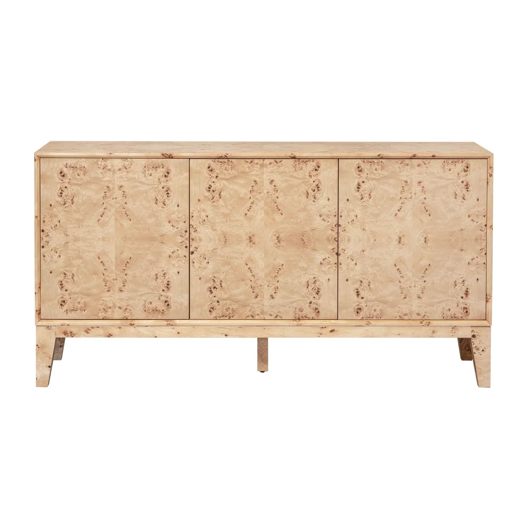 Front perspective view of the Mappa sideboard featuring a striking light burl wood veneer finish and three seamless storage doors