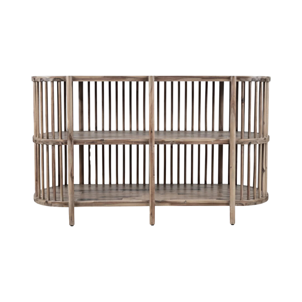 Front view of the Rhapsody 54-inch accent console in a chestnut finish featuring a curved oval silhouette and vertical wood slat design