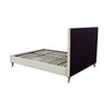 Alternate perspective view highlighting the clean finish of the upholstered frame and the industrial black metal supports