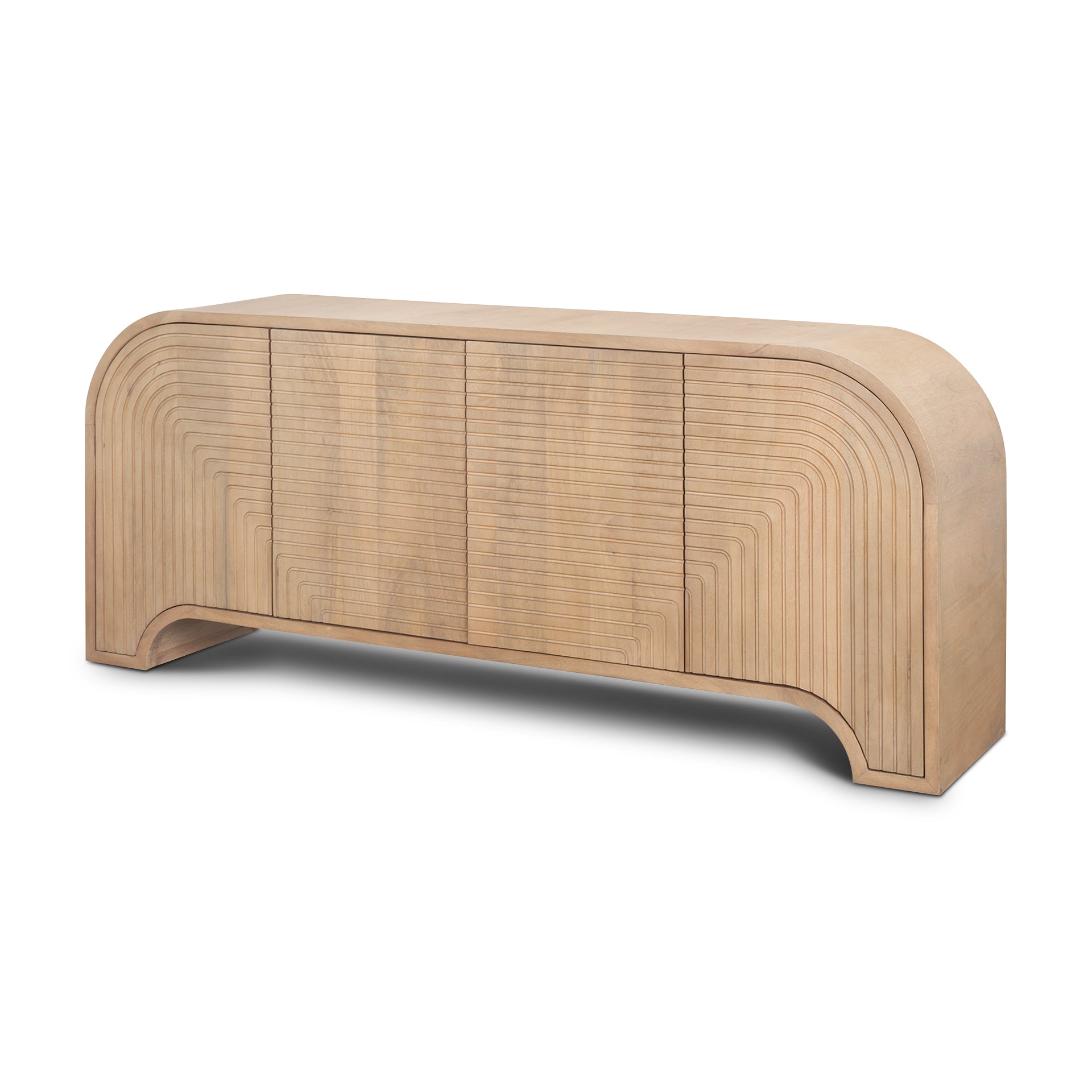 Front view of the Sorina sideboard featuring light brown wood construction with intricate reverse fluted door panels and an elegant arched base