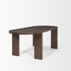 High-angle perspective view showcasing the balanced proportions and warm wood tones of the oval dining table