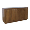 Three-quarter perspective view of the dark oak sideboard highlighting the clean mitered corner joinery and seamless wood frame