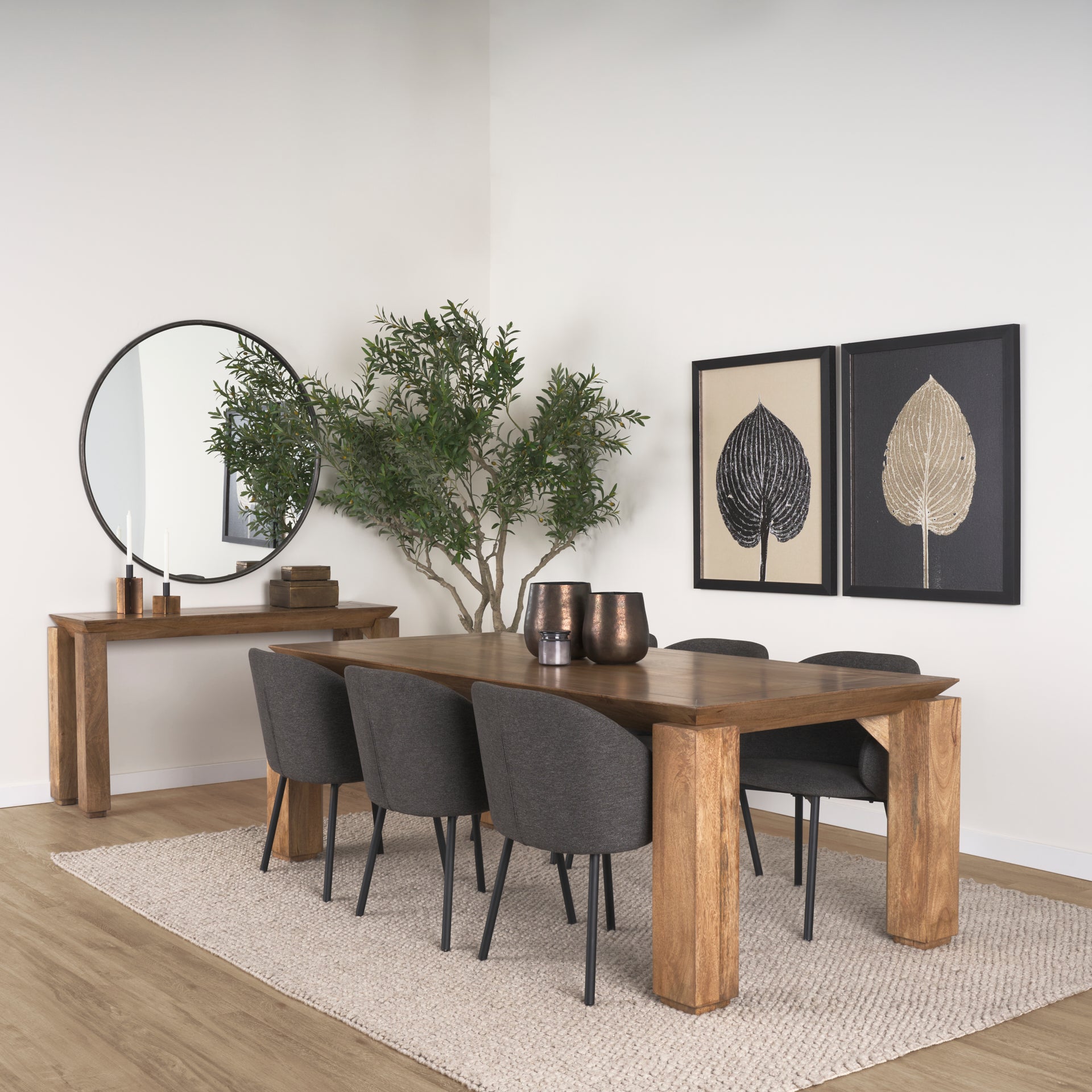 Front view of the Sapphira console table in a rich brown wood finish featuring a thick rectangular top and architectural block legs