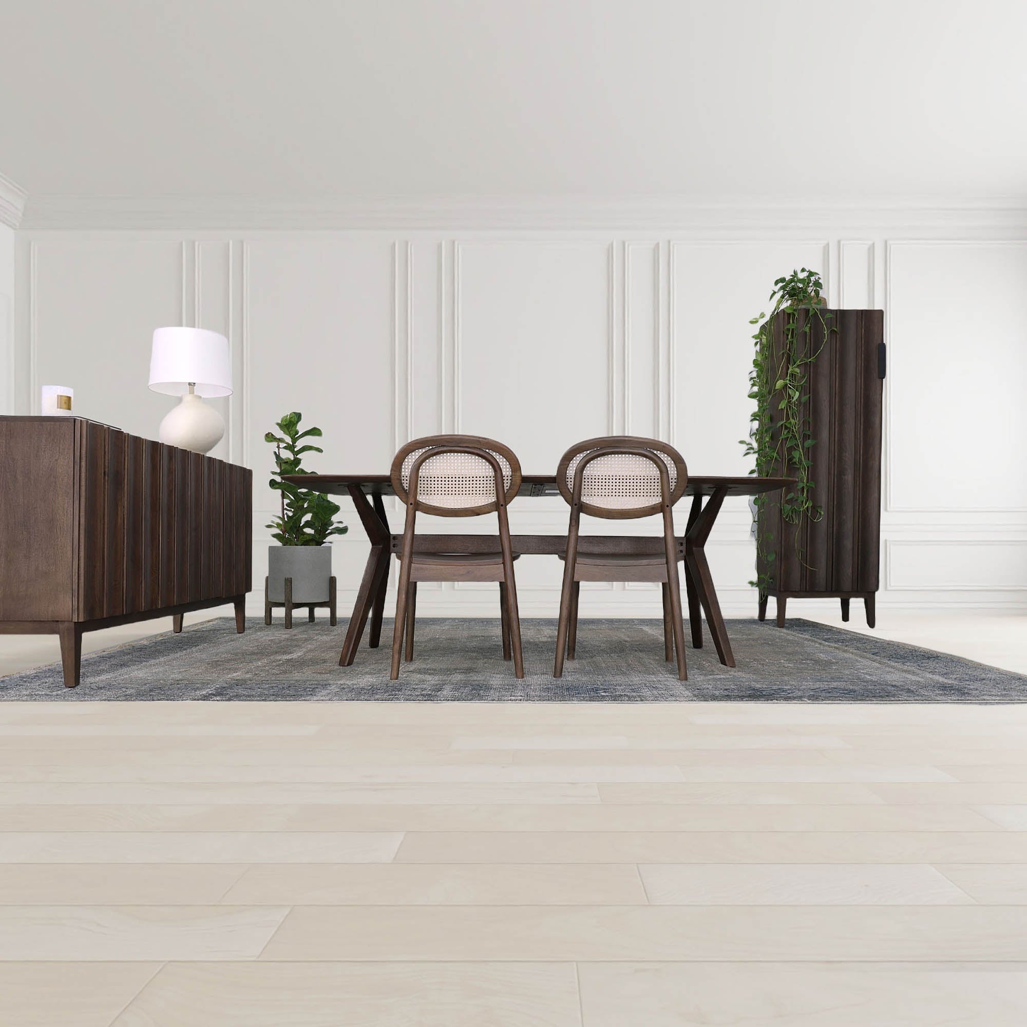 Straight-on front view highlighting the symmetrical vertical fluting and the seamless hardware-free aesthetic of the dark wood cabinet