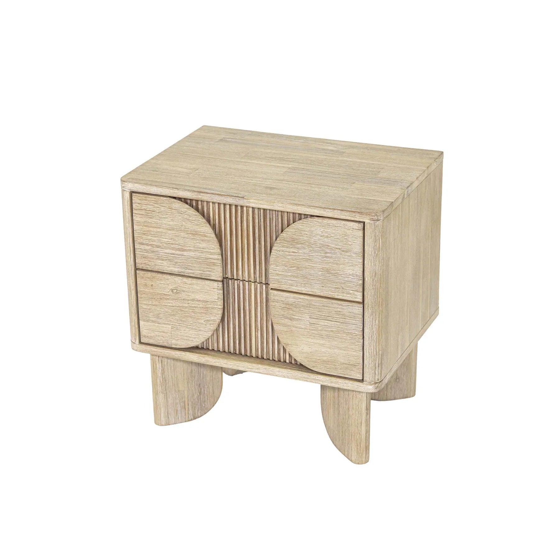 Front view of the Haru 2-drawer nightstand featuring a light driftwood finish and unique architectural slatted wood detailing