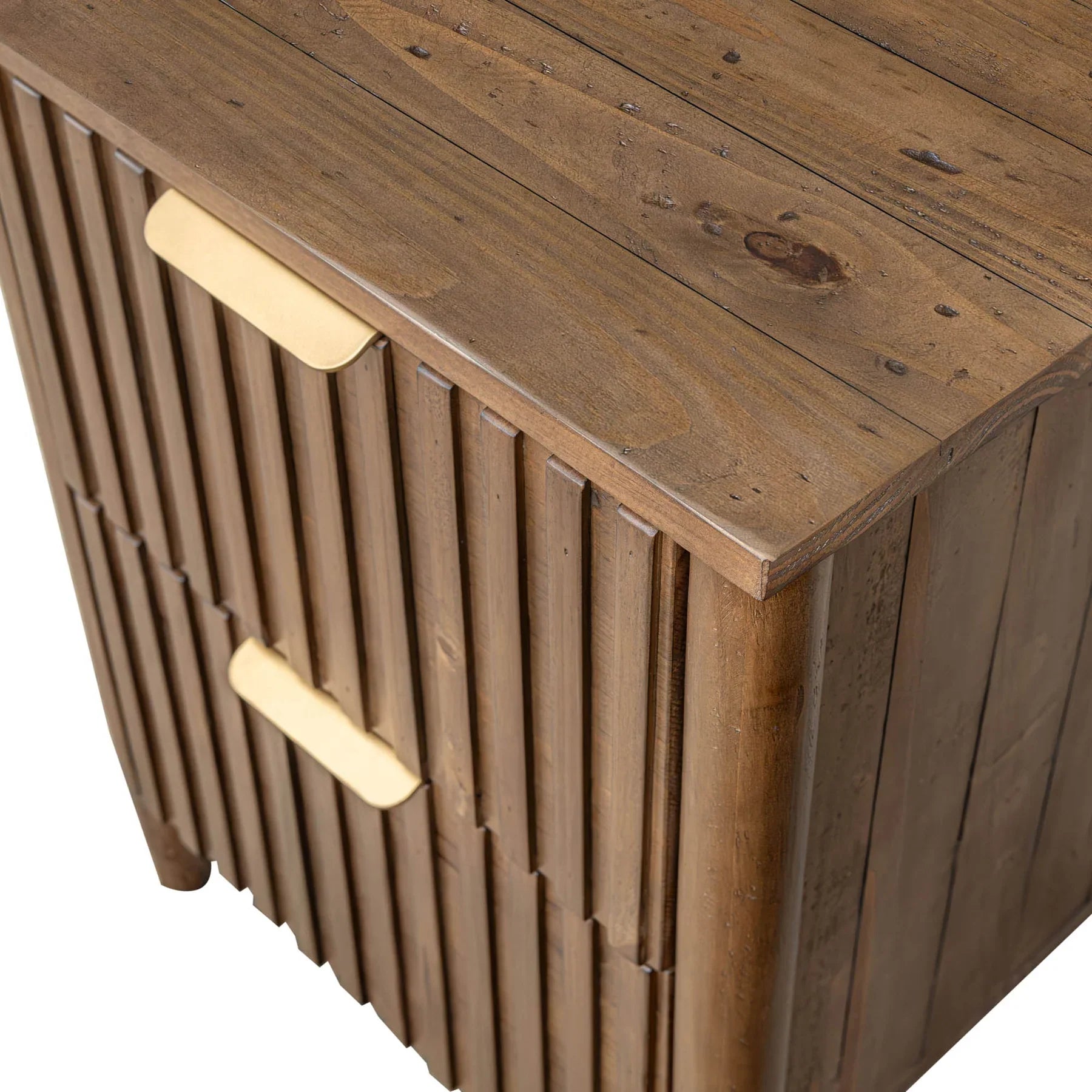 Front view of the Britanica 2-drawer nightstand featuring a driftwood finish and unique vertical wood slat drawer fronts