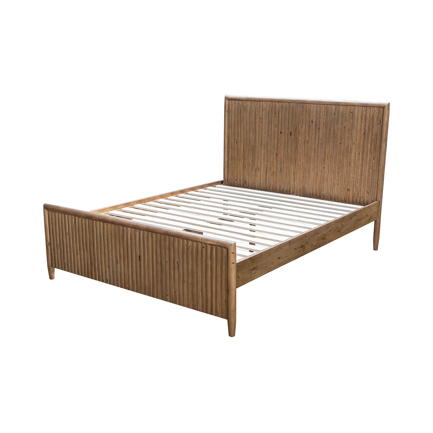 Front view of the Ava king platform bed featuring a tall upholstered headboard in a textured white bouclé fabric