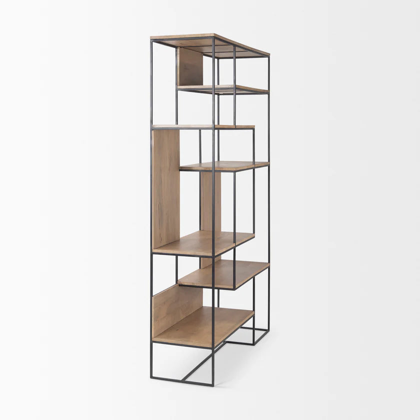 Perspective view of the Morris 6-tier shelving unit featuring a black metal frame and light brown wood shelves in an asymmetrical layout