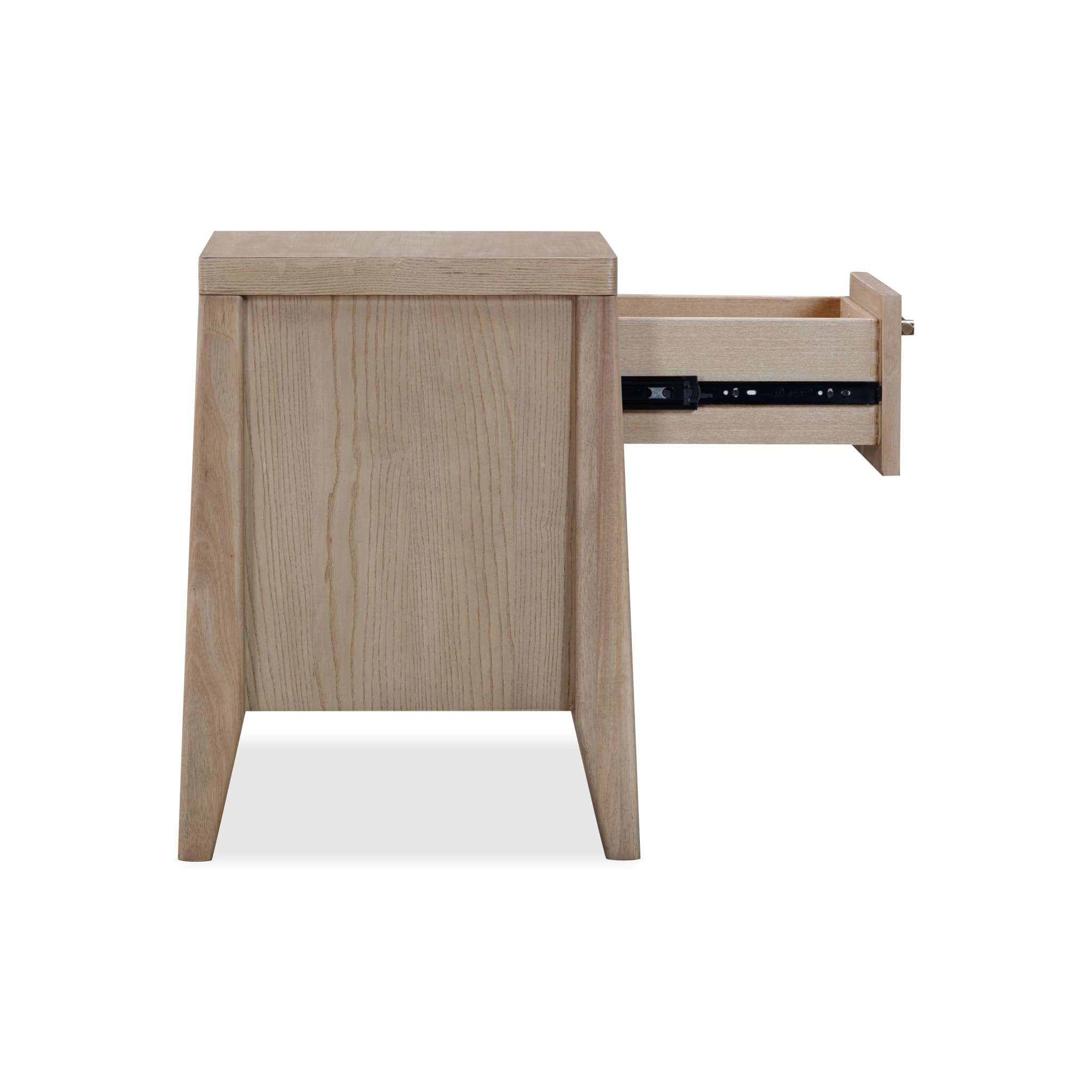 Front view of the Nettie nightstand featuring a warm ginger ash wood finish, a single drawer, and a lower open storage shelf