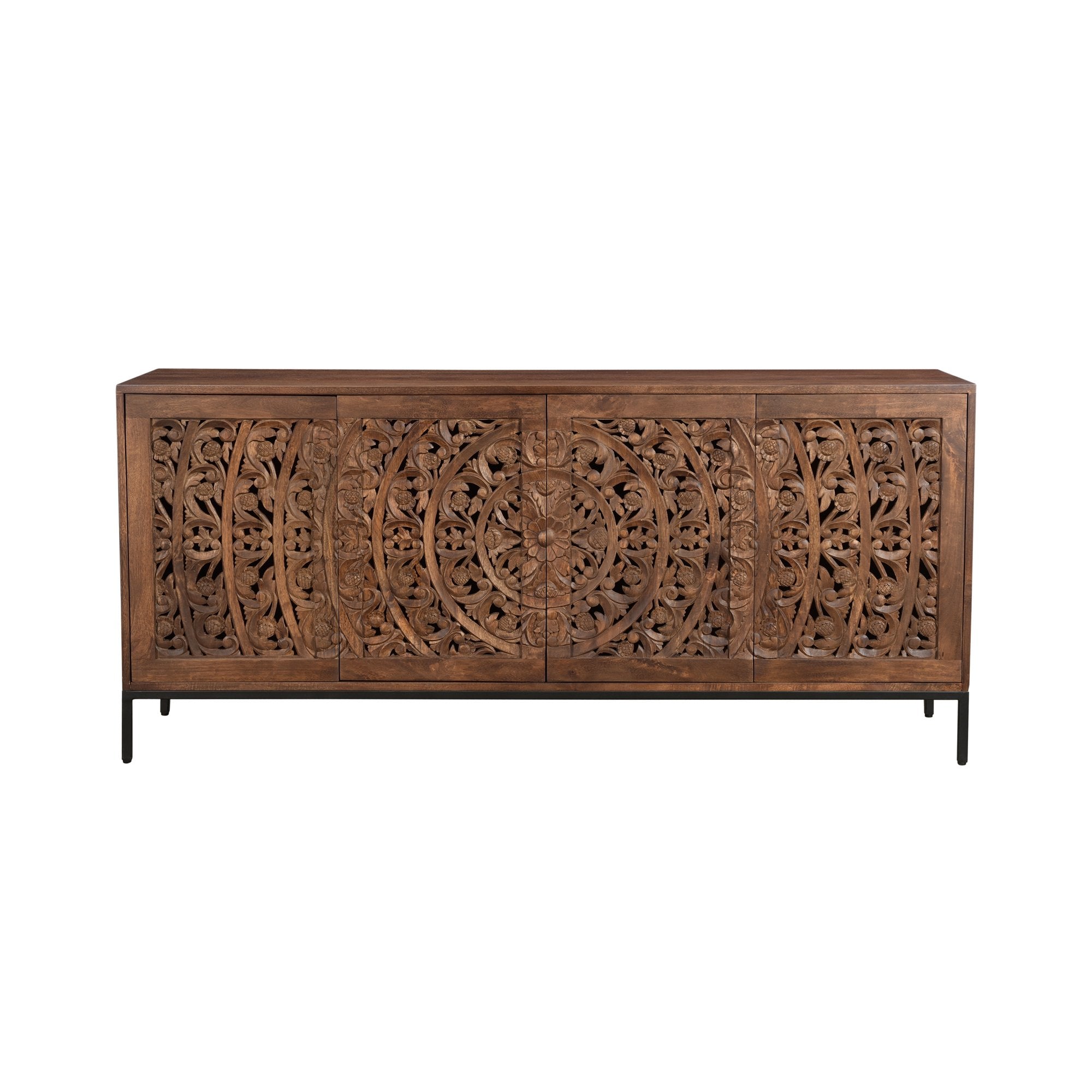 Straight-on front view of the Carved sideboard featuring a rich natural wood finish and intricate floral mandala carvings across four doors
