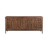 Straight-on front view of the Carved sideboard featuring a rich natural wood finish and intricate floral mandala carvings across four doors