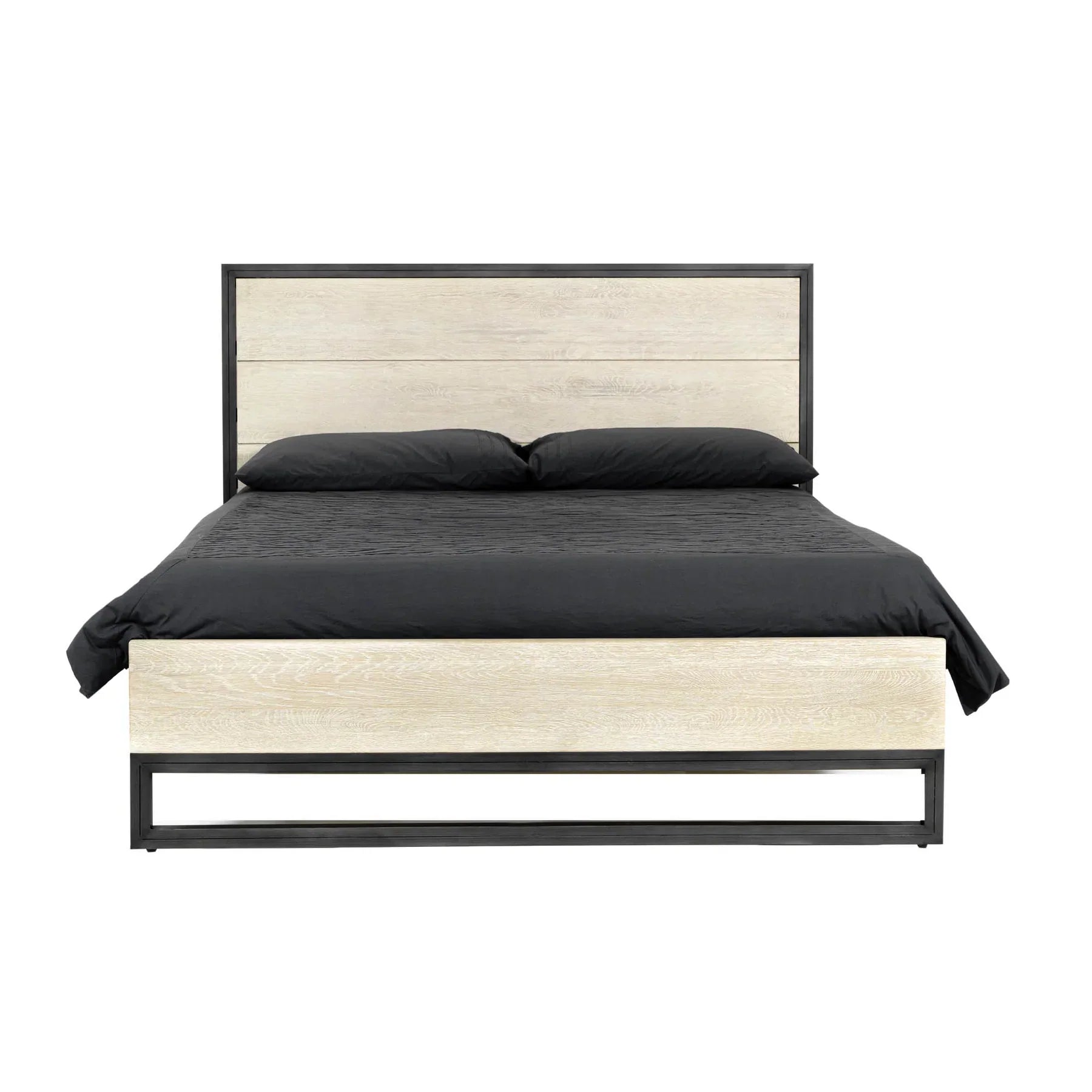 Front view of the Starlight queen platform bed featuring a light oak wood finish and a sturdy black steel architectural base