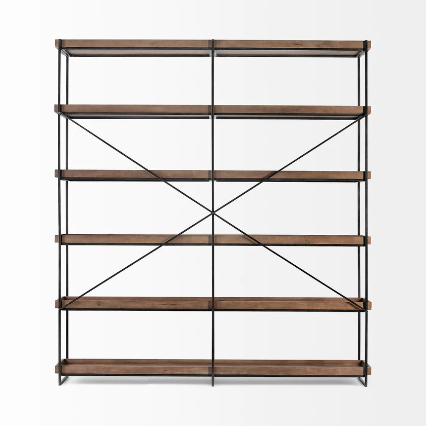 Perspective view of the Trey IV double-wide shelving unit featuring five tiers of medium brown wood trays on a slim black iron frame