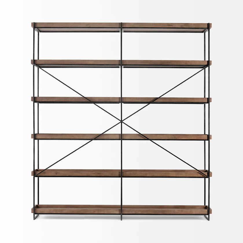 Perspective view of the Trey IV double-wide shelving unit featuring five tiers of rustic wood trays on a slim black metal frame