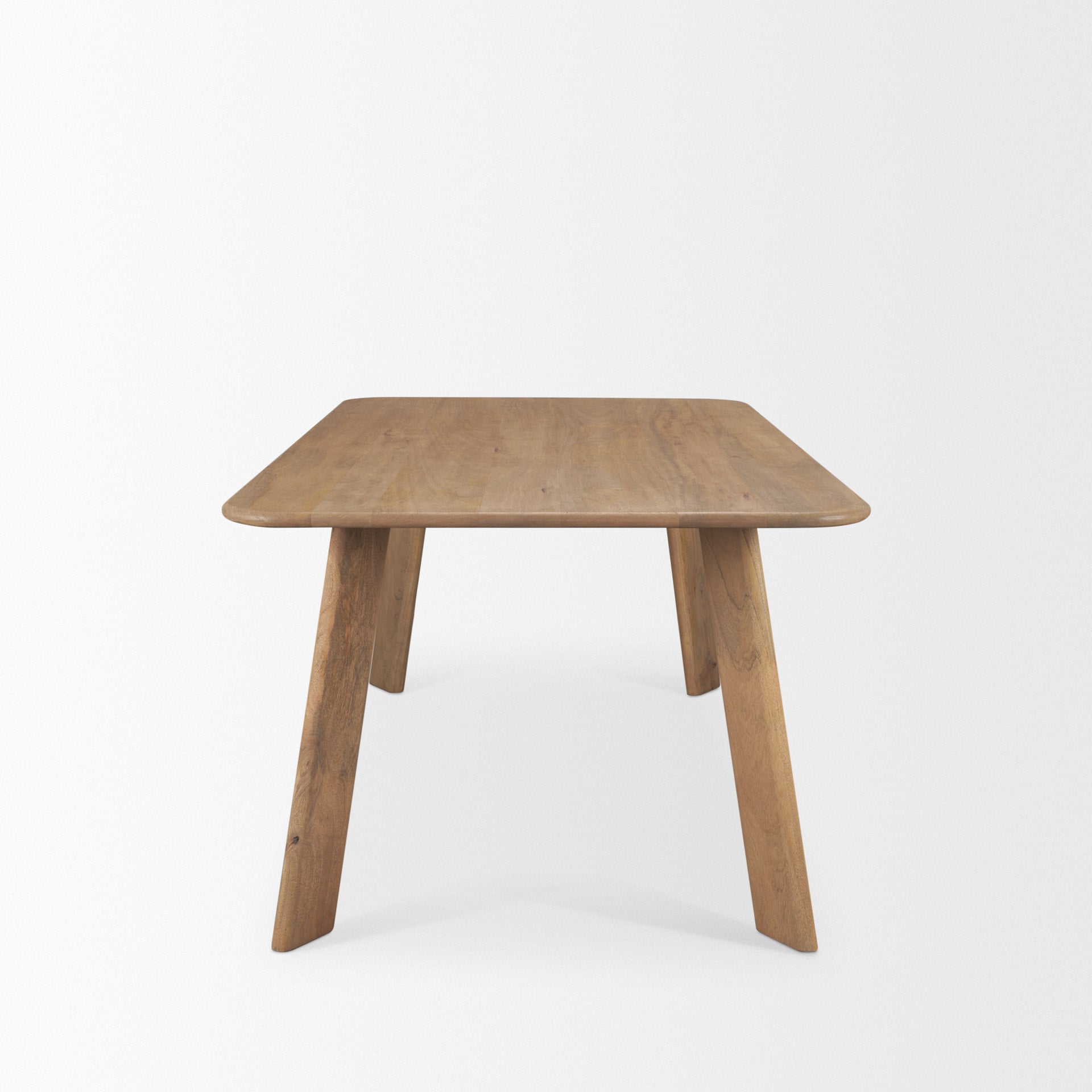 Front view of the 84 inch Welborn dining table featuring a light brown wood finish and a clean rectangular silhouette with angled block legs