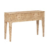 Three-quarter perspective view showcasing the unique organic burl wood patterns and slim tapered legs of the console table