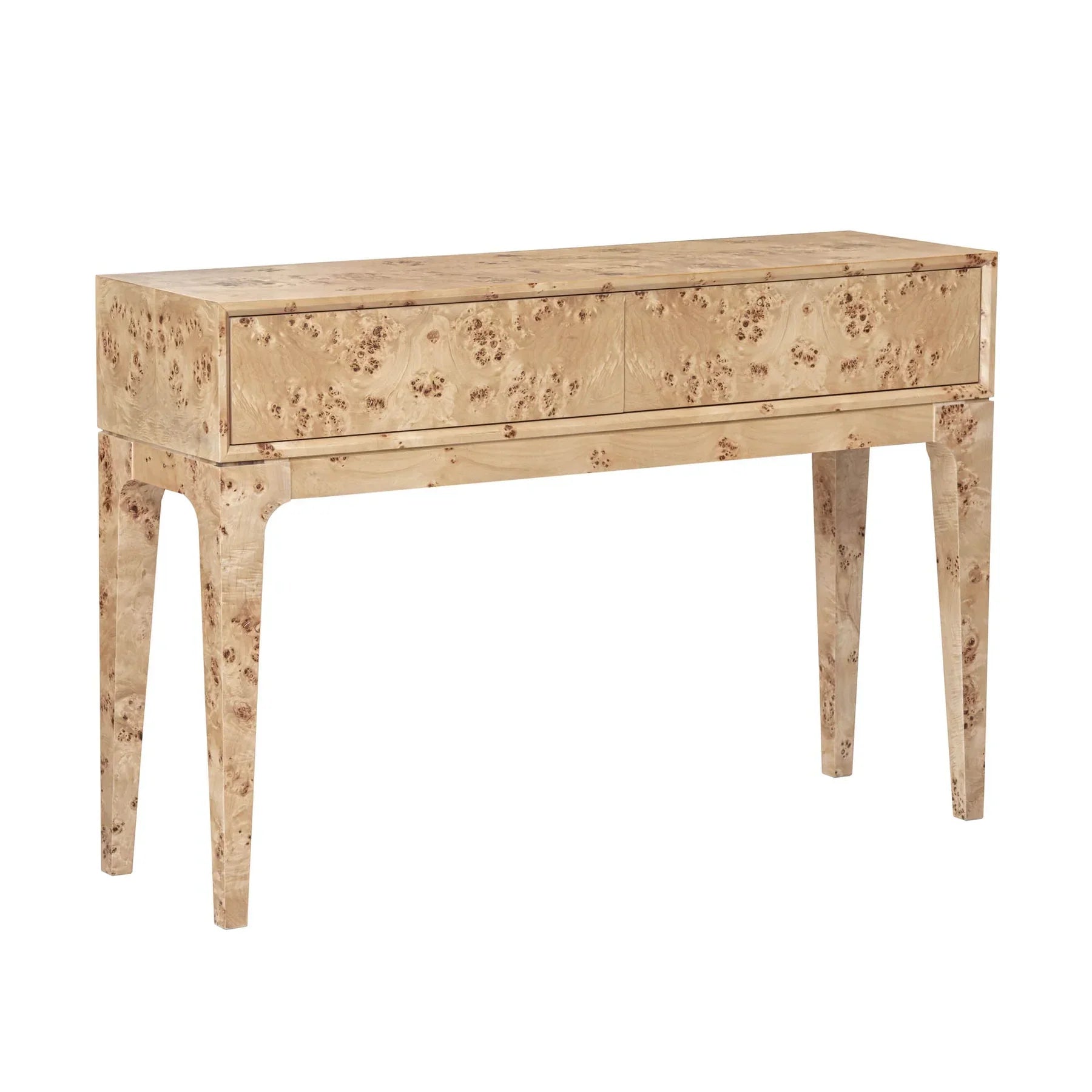 Three-quarter perspective view showcasing the unique organic burl wood patterns and slim tapered legs of the console table