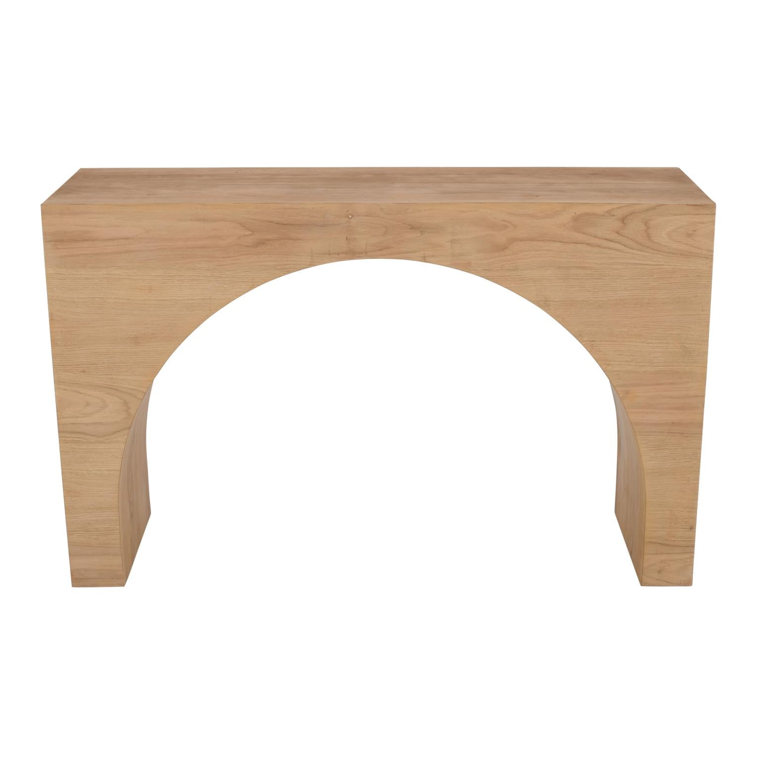 Straight-on front view highlighting the architectural semi-circle arched silhouette and seamless wood construction