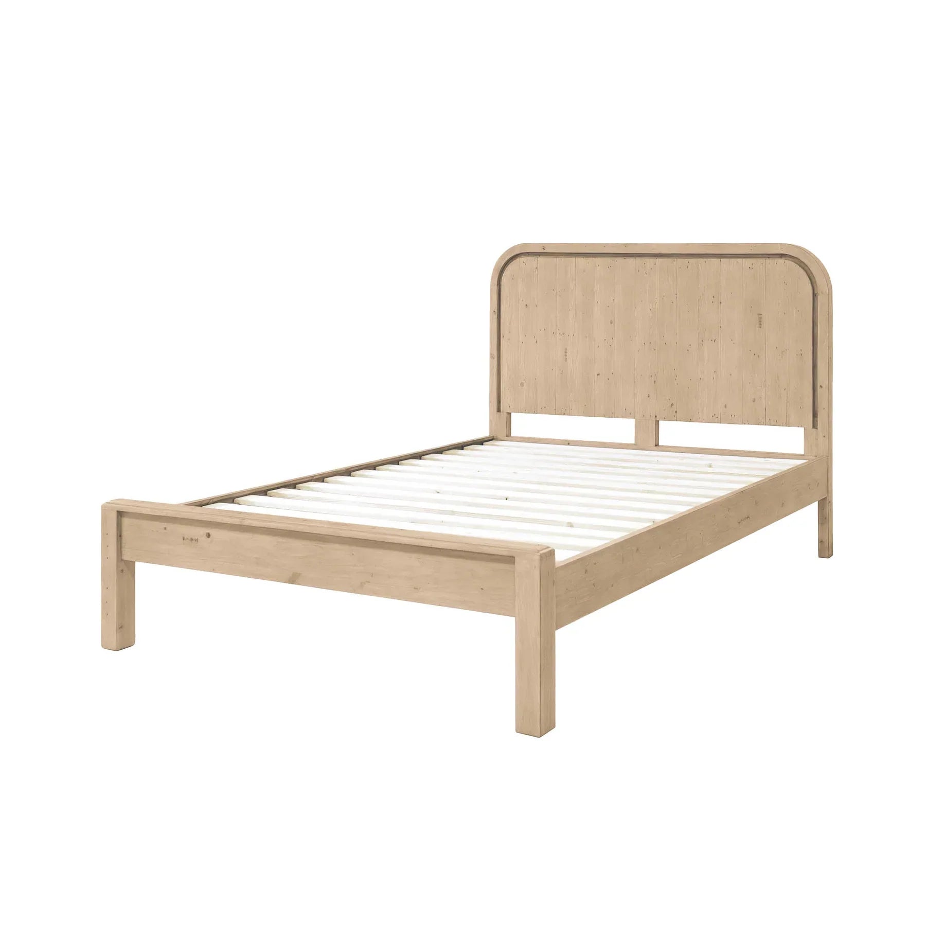 Alternate angle view showcasing the substantial wood legs and the seamless transition of the rounded footboard