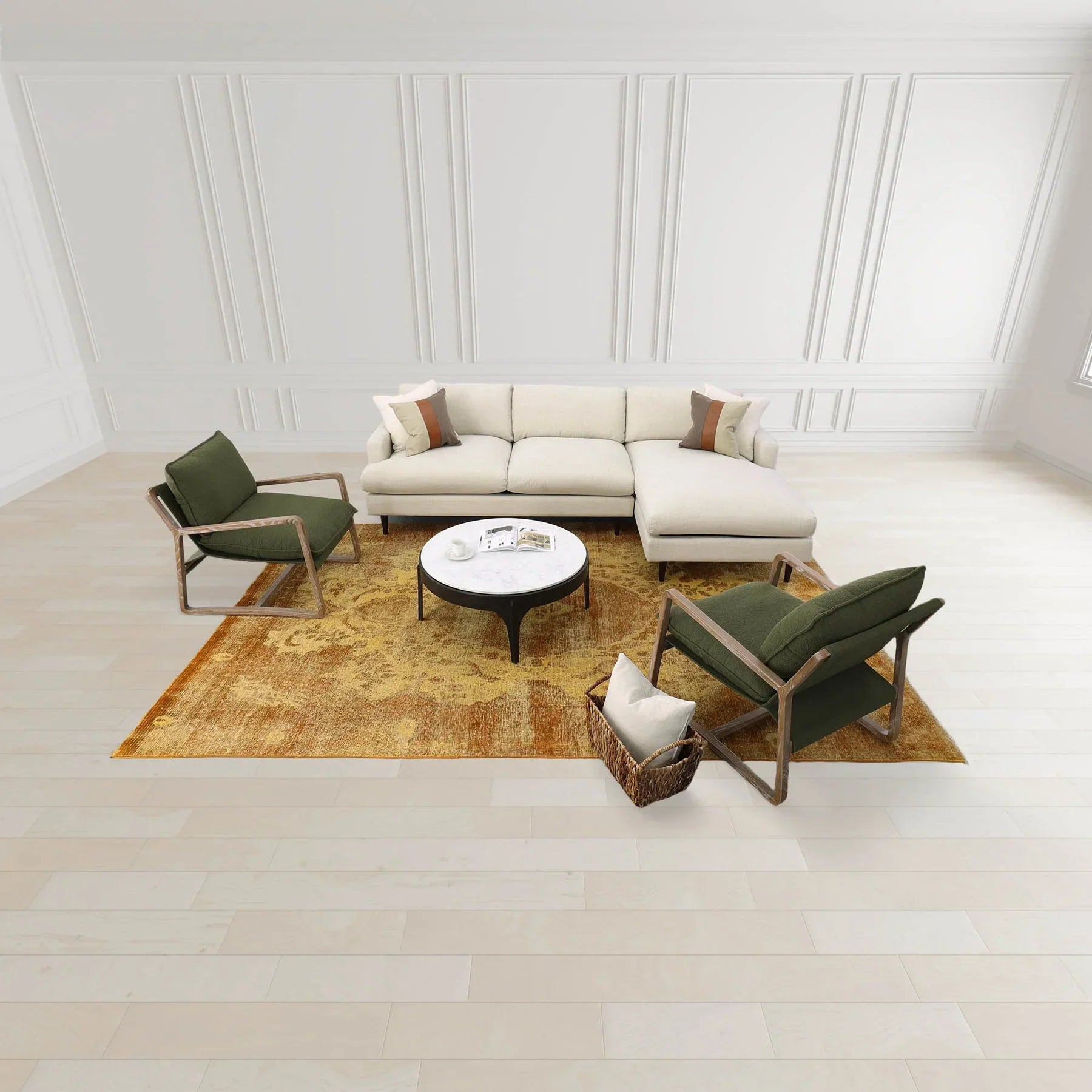 Front view of the Nila coffee table featuring a thick circular white marble top supported by a minimalist four-legged black metal base
