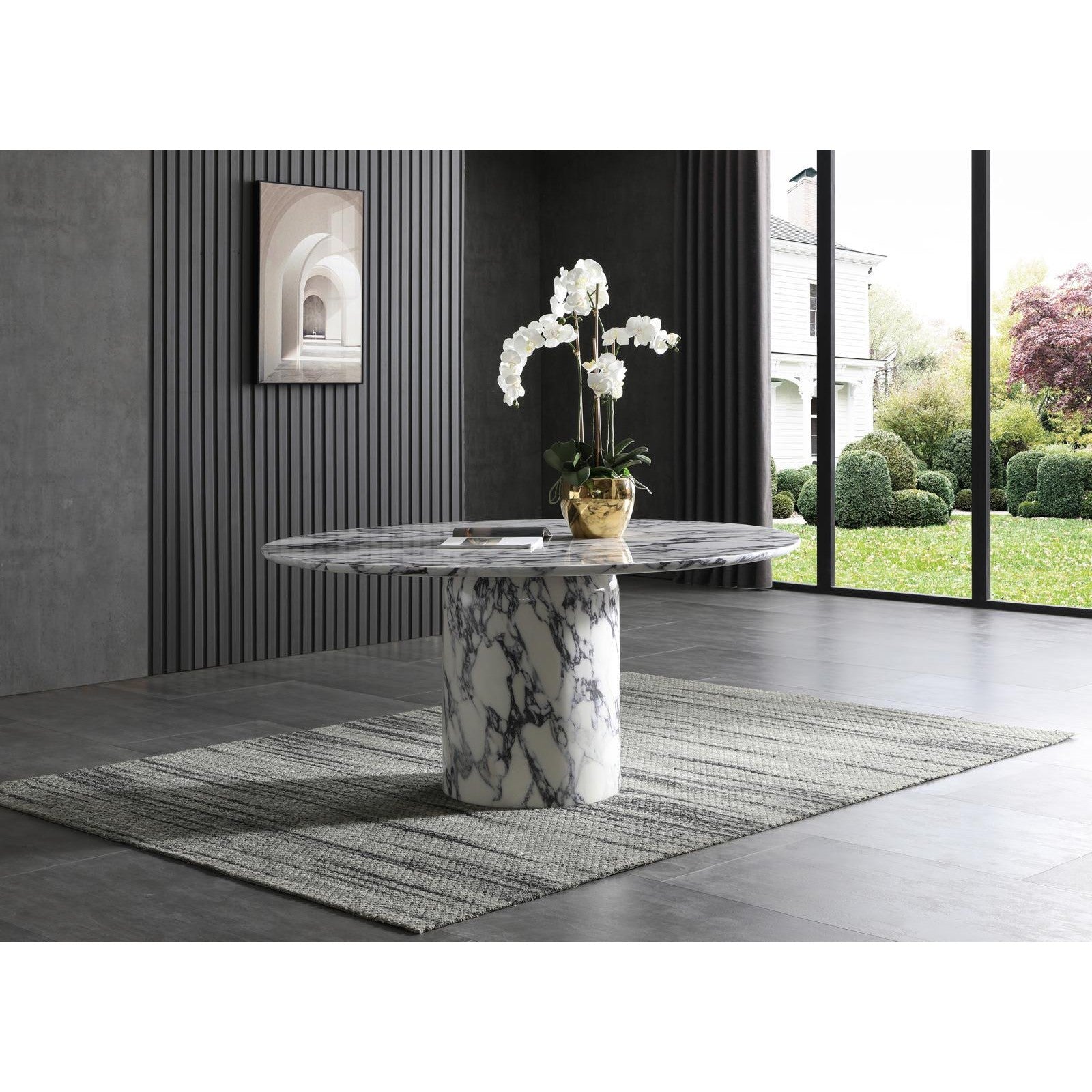 Front view of the Sille round dining table featuring a high-gloss purple and white marble foil top with a matching cylinder pedestal base