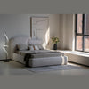 Wide-angle lifestyle view highlighting the bed positioned on a light gray rug in a bright, modern room