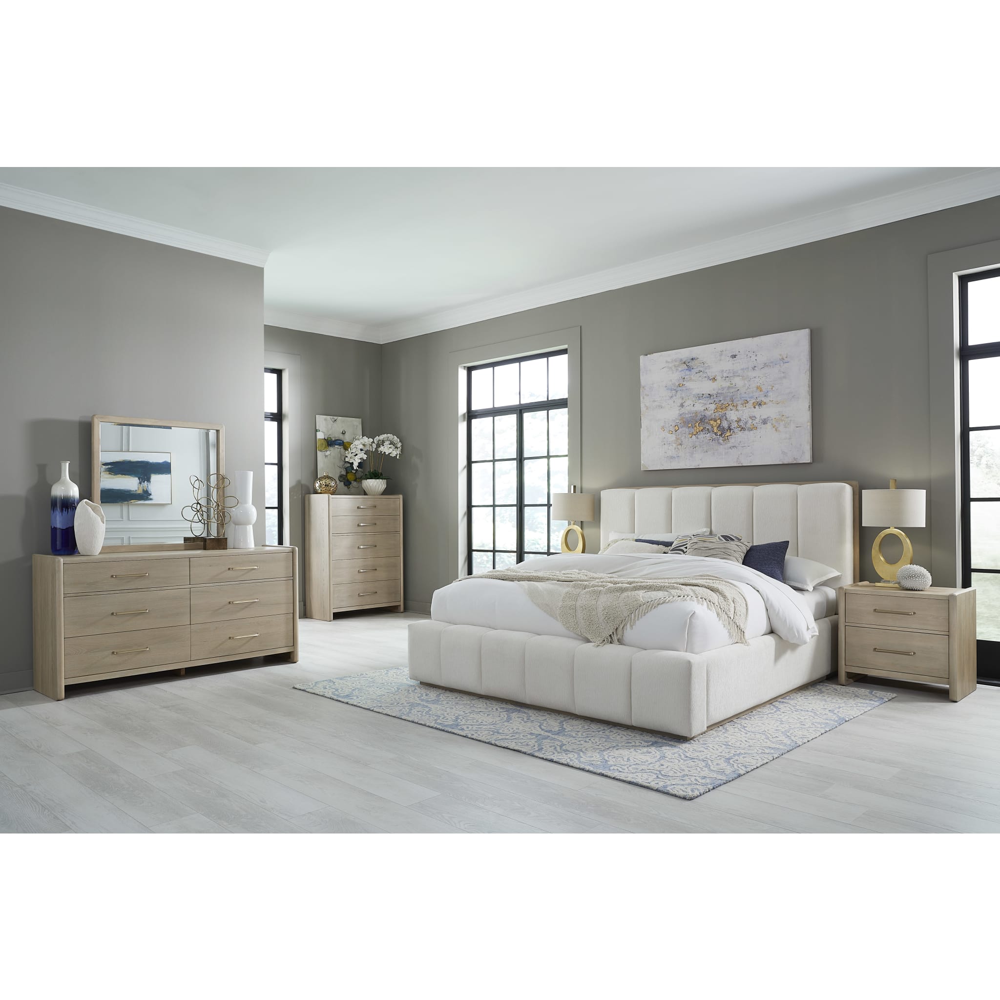 Front view of the Bjorn upholstered platform bed featuring vertical channel tufting in cotton fabric with a natural chai wood base