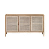 Straight-on front view highlighting the symmetrical three-door layout and the organic texture of the light-toned rattan panels