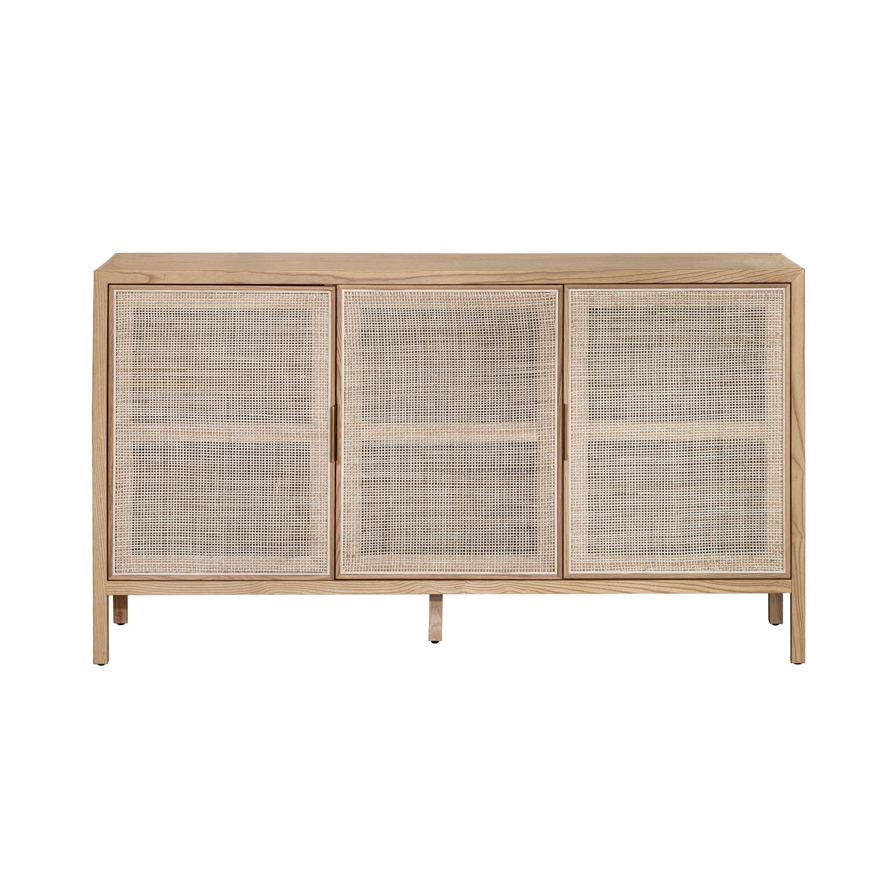 Straight-on front view highlighting the symmetrical three-door layout and the organic texture of the light-toned rattan panels