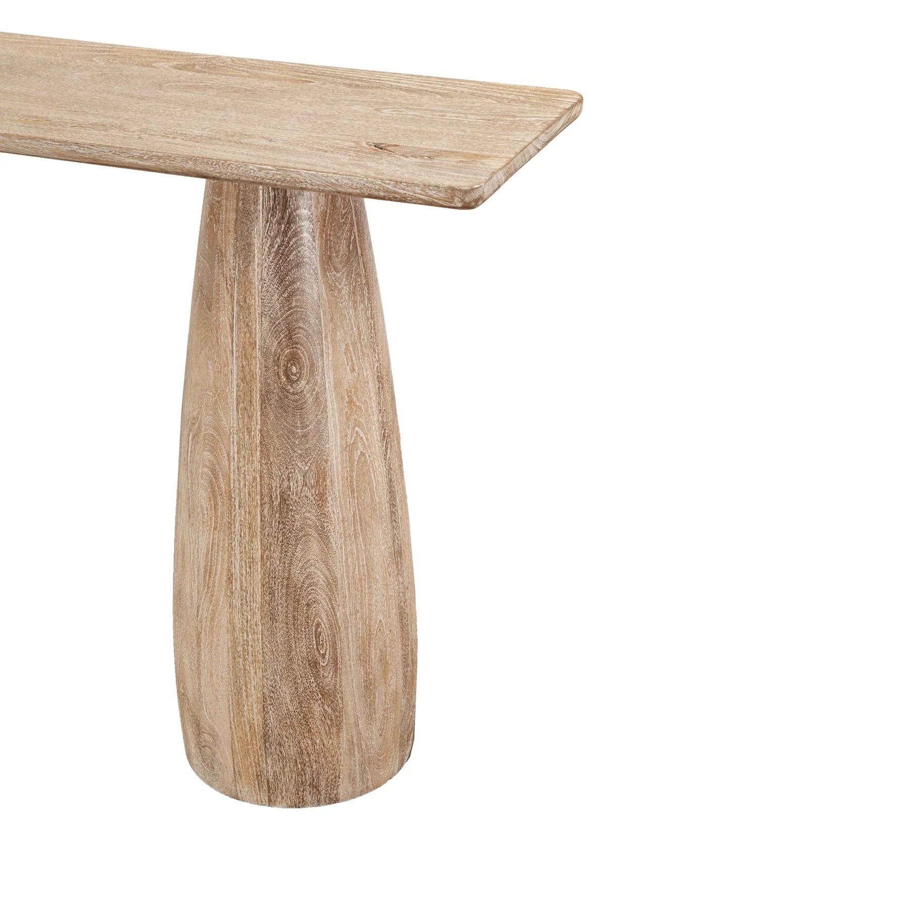 Front view of the Truffle console table in natural light mango wood featuring two large architectural pillar-style legs