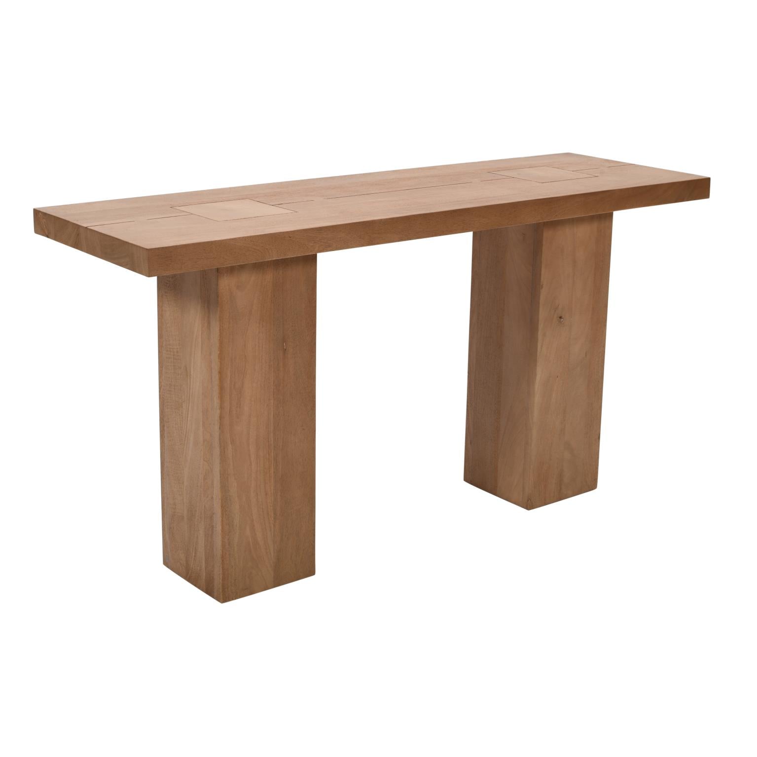 Three-quarter perspective view showcasing the thick tabletop construction and the sturdy footprint of the chunky wood legs