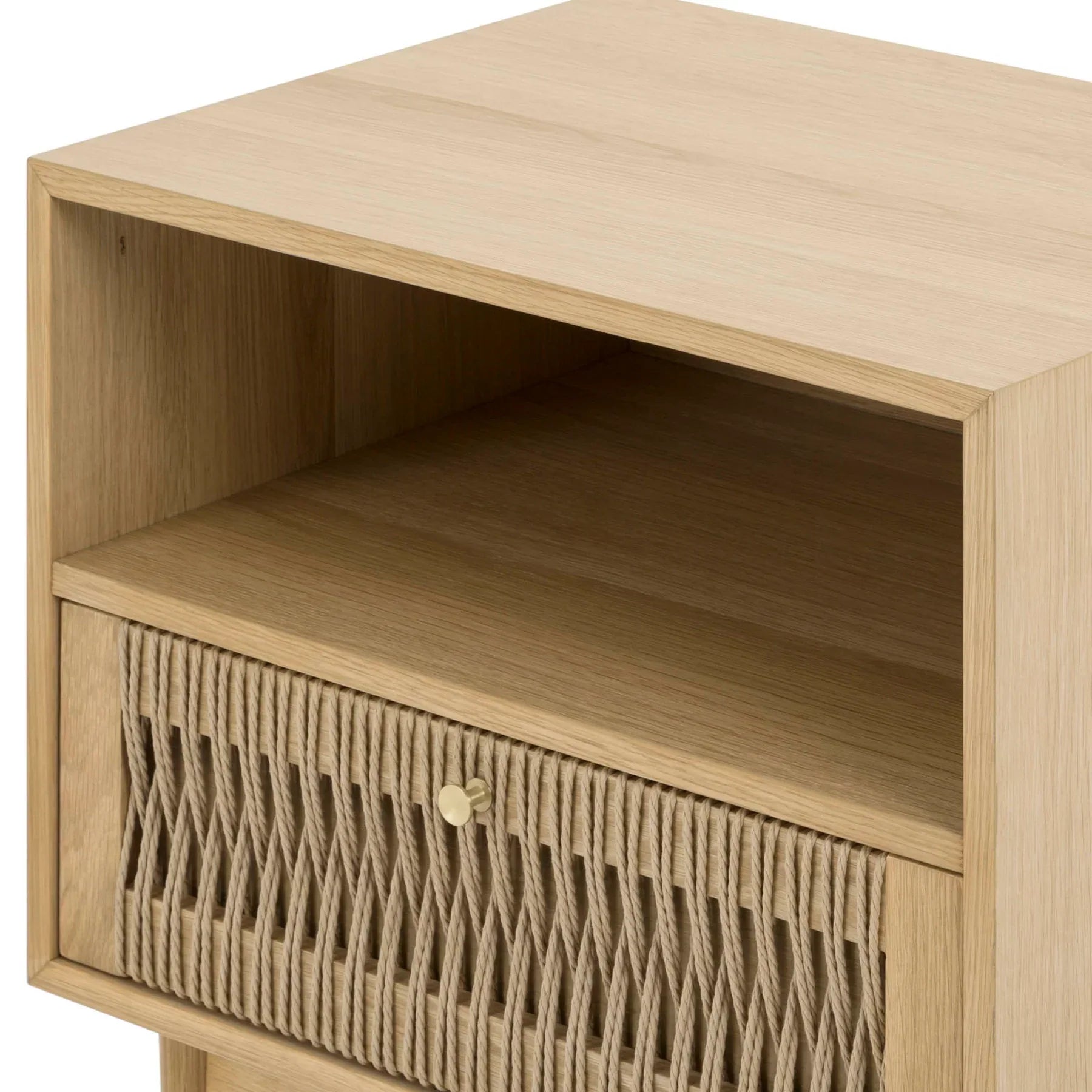 Front view of the Lumina nightstand featuring a light natural ash finish, an open upper shelf, and a unique woven rope drawer front