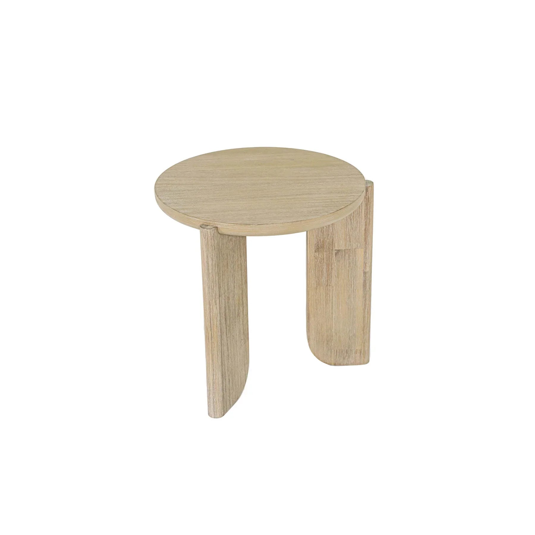 Three-quarter perspective view of the Haru side table featuring a circular top and three unique wide arched legs in a light natural oak finish