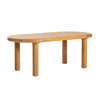 Three-quarter perspective view highlighting the thin oval tabletop and the architectural split-pedestal oak leg design