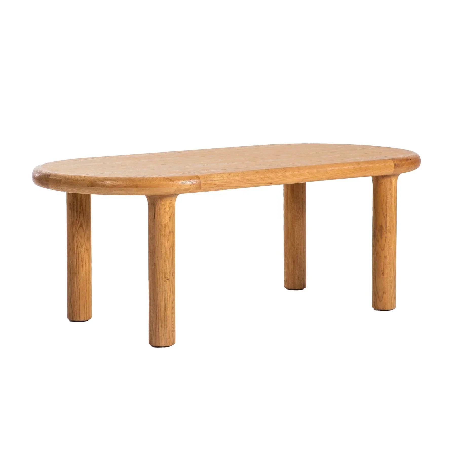 Front view of the Destiny oval dining table featuring a white marble-patterned top and a natural oak double pedestal base