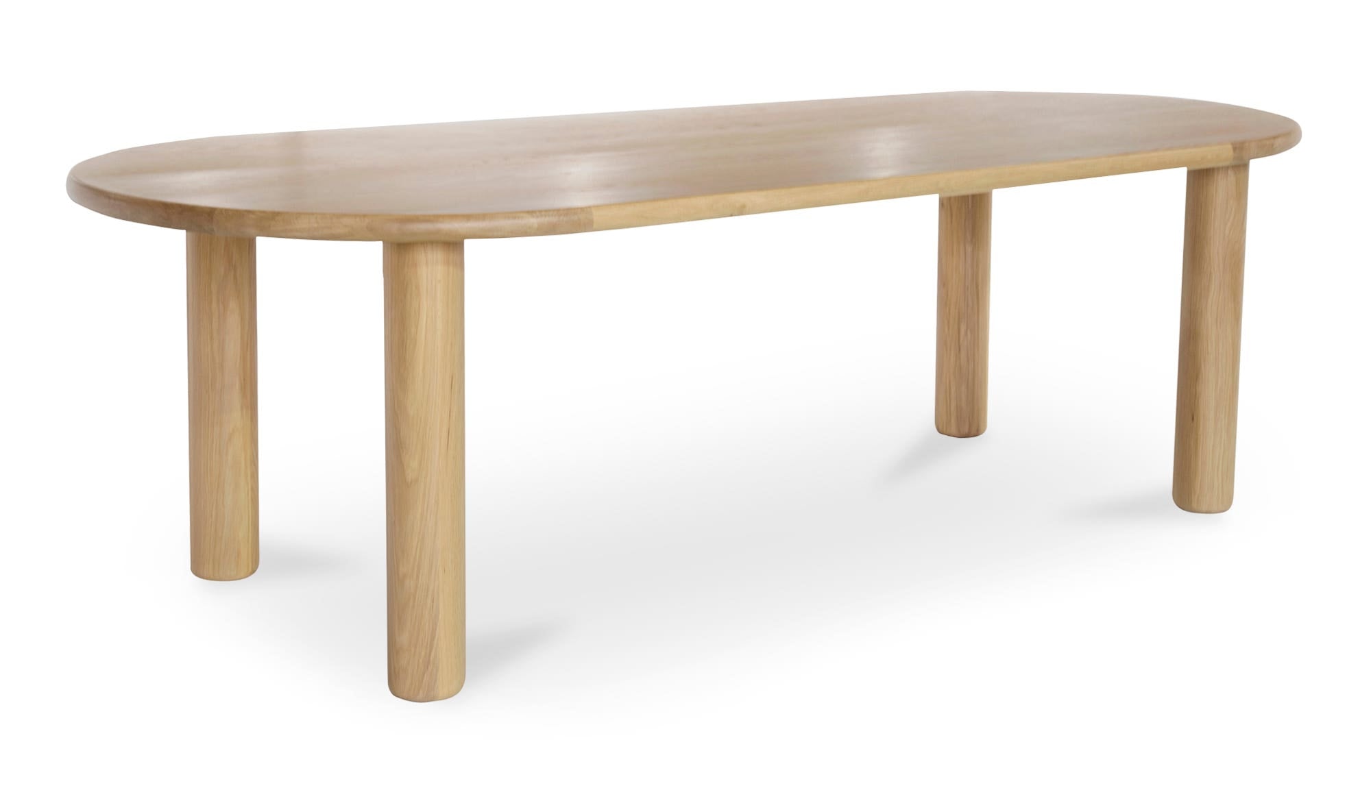 Front view of the Milo small dining table featuring a light natural oak finish, smooth oval tabletop, and four thick cylindrical wooden legs