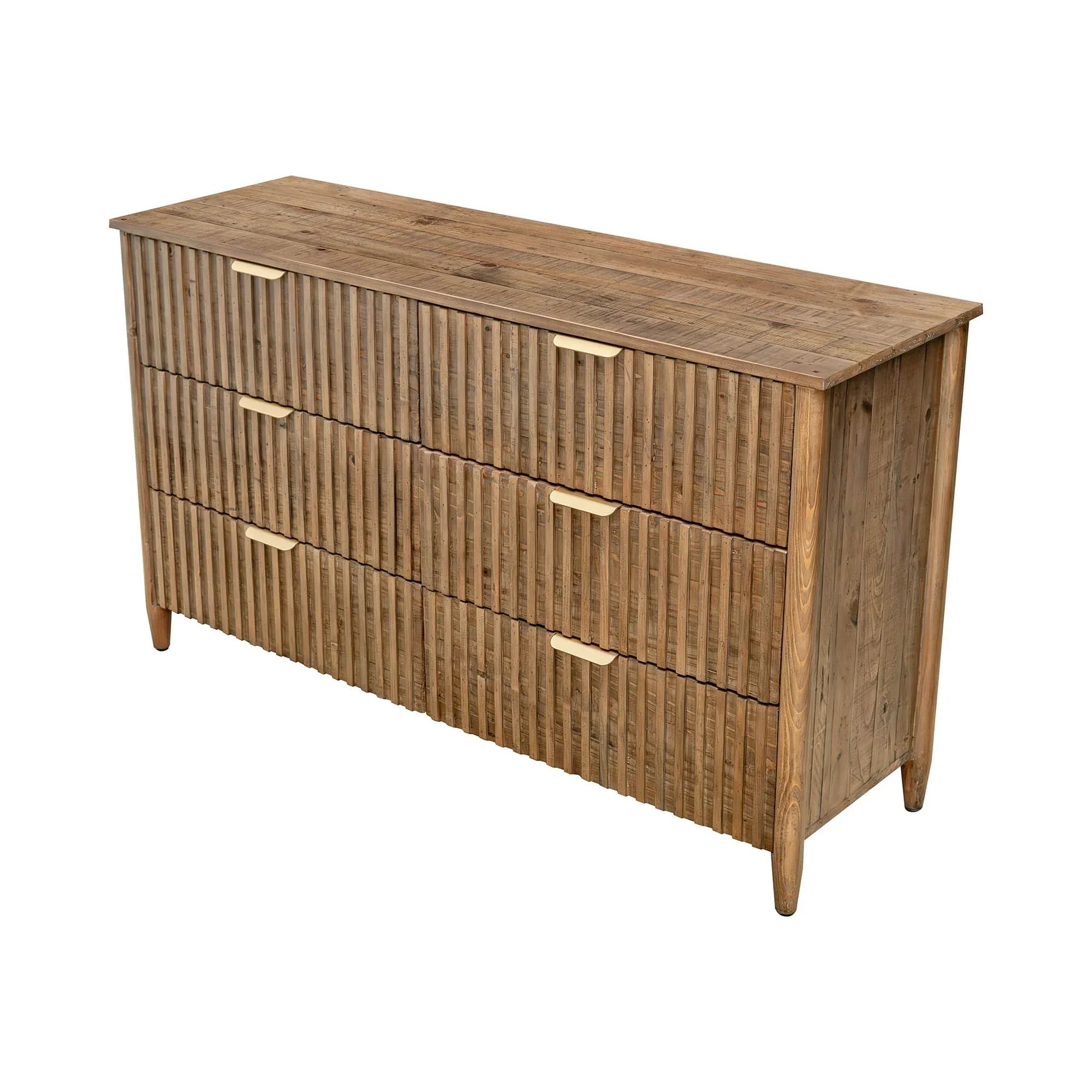 Front view of the Britanica double dresser featuring a warm reclaimed wood finish, vertical fluted drawer fronts, and sleek horizontal gold handles