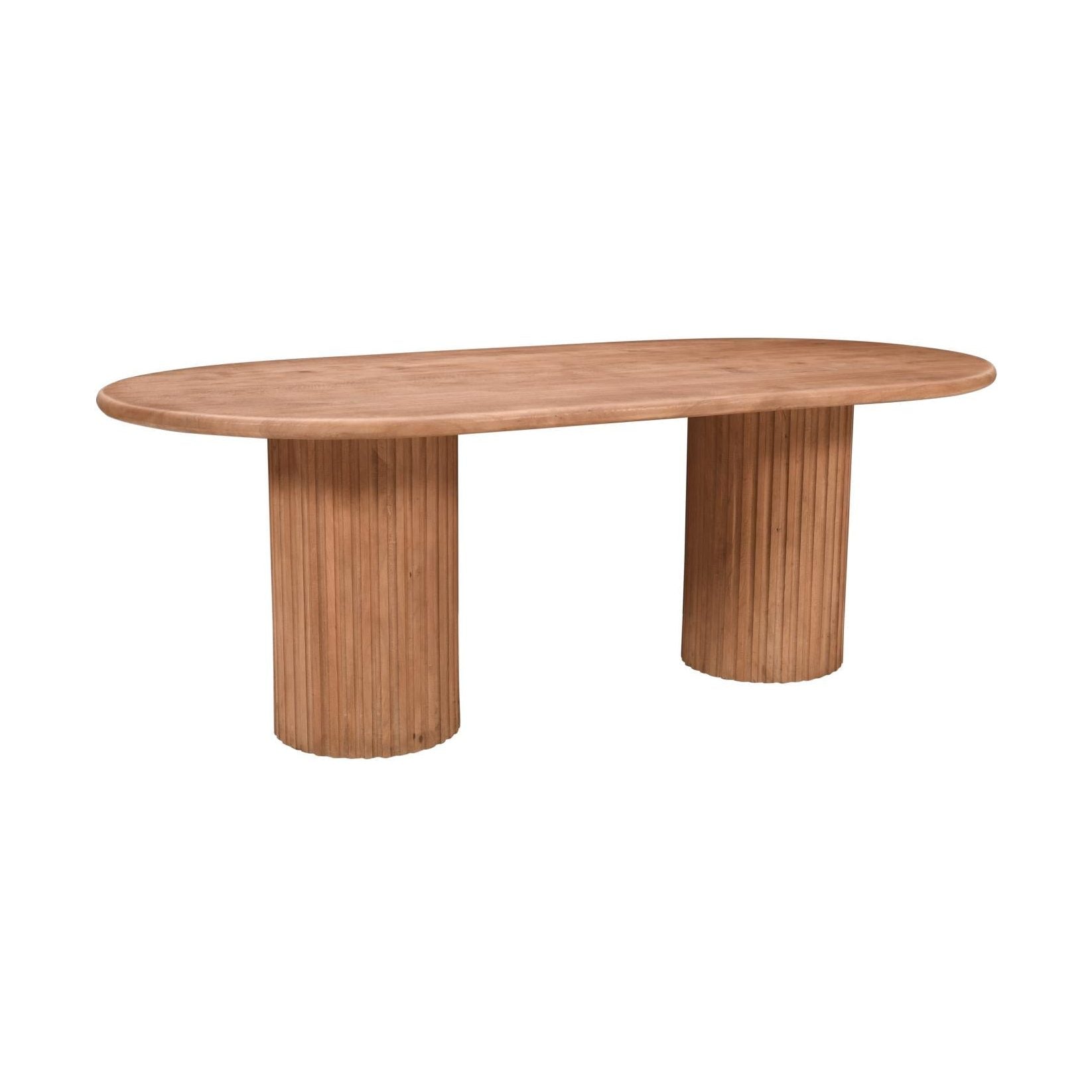 Front view of the 84 inch Breck oval dining table in natural oak featuring two substantial ribbed pedestal bases