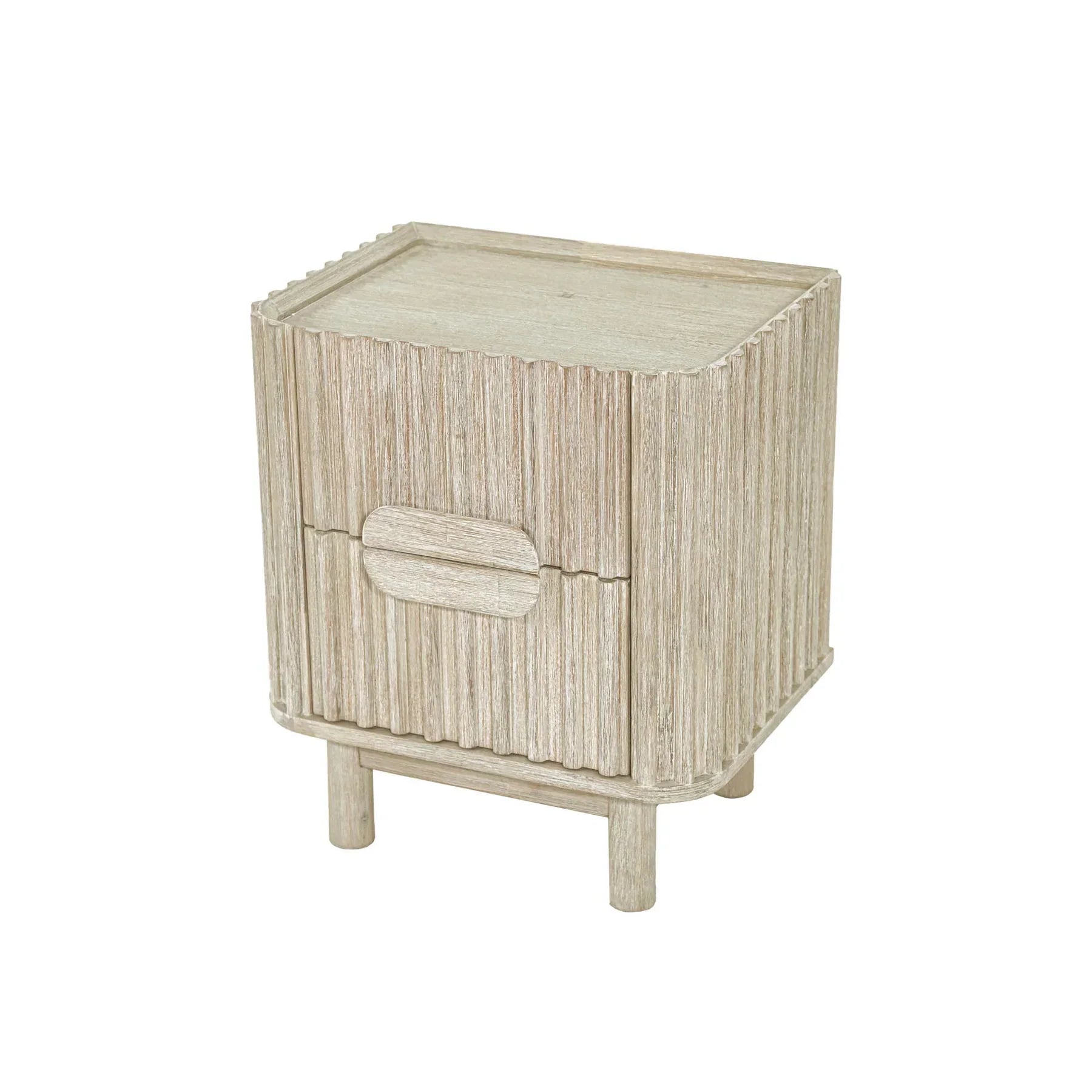 Front view of the Oasis nightstand featuring a light white oak finish, vertical ribbed texture, and unique pill-shaped integrated handles