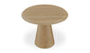 High-angle perspective view showcasing the circular tabletop and the smooth architectural silhouette of the pedestal support