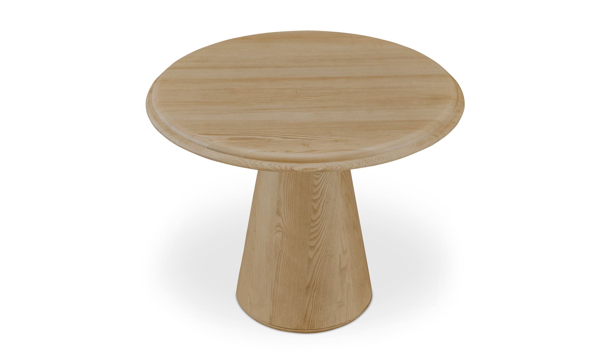 Front view of the Tutto round dining table featuring a light natural wood finish and a minimalist conical pedestal base