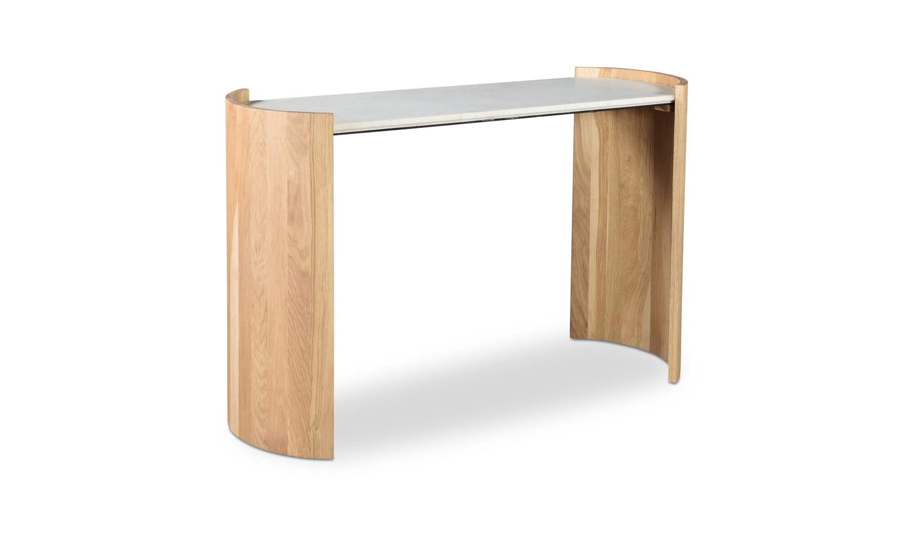 Three-quarter perspective view showcasing the unique U-shaped leg design and slim profile of the oak and marble table