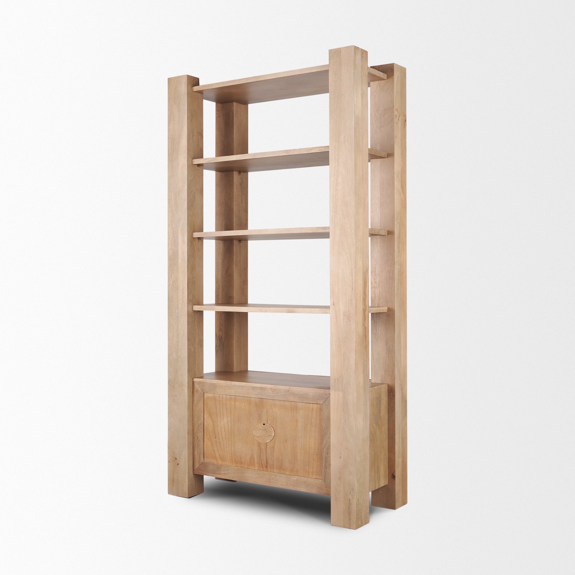 Straight-on front view highlighting the architectural vertical pillars and symmetrical open shelving