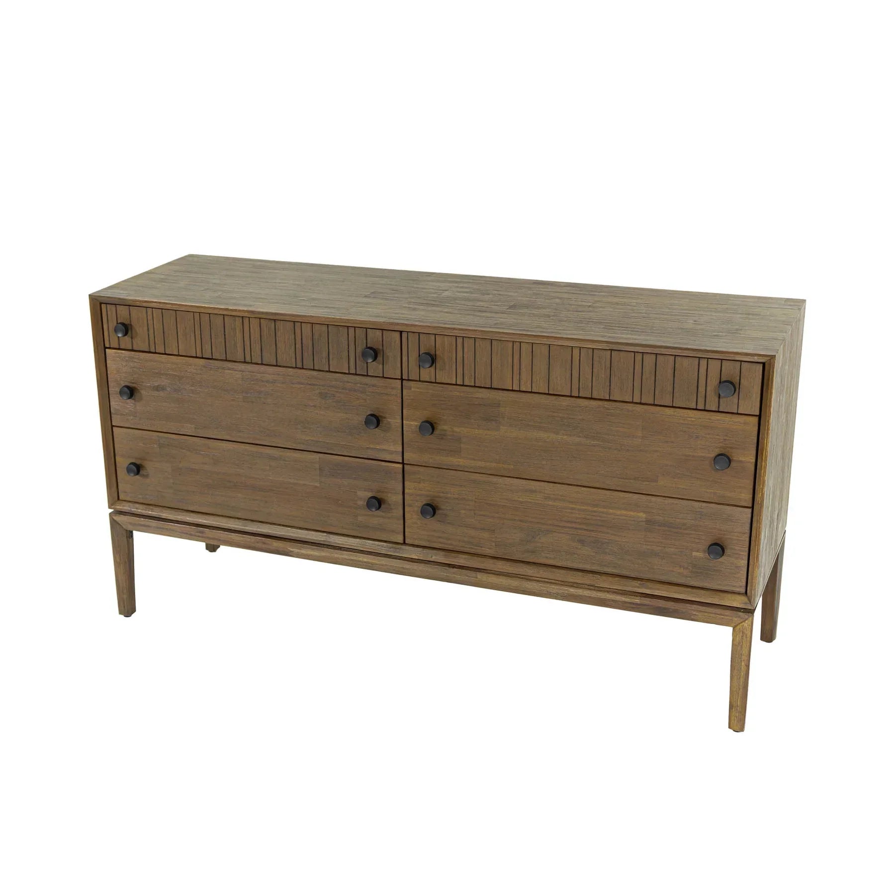 Front view of the West 6-drawer double dresser featuring a rich natural wood finish, dark circular knobs, and top drawers with vertical fluted detailing