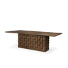 Three-quarter perspective view showcasing the expansive solid wood surface and the unique architectural texture of the woven base